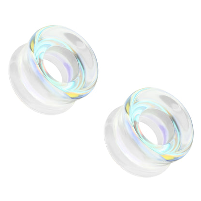 Aurora Borealis Glass Double Flared Tunnels - Pair