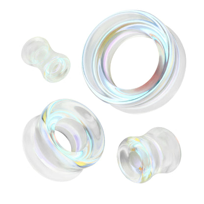 Aurora Borealis Glass Double Flared Tunnels - Pair