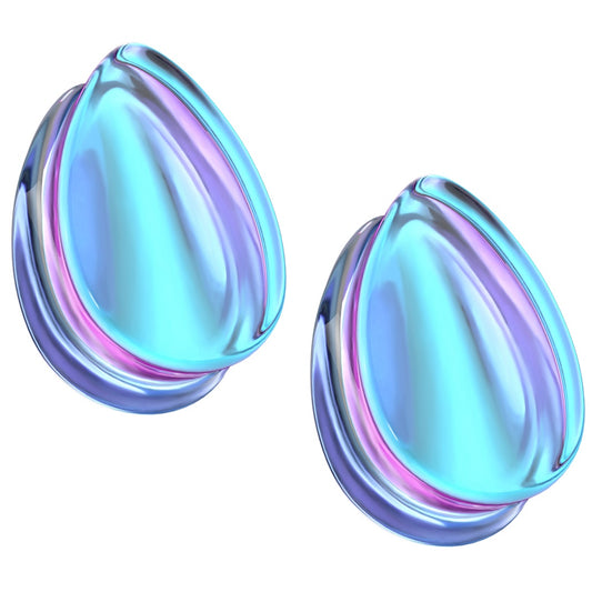 Purple Iridescent Glass Tear Drop Shaped Double Flared Plug Gauges - Pair