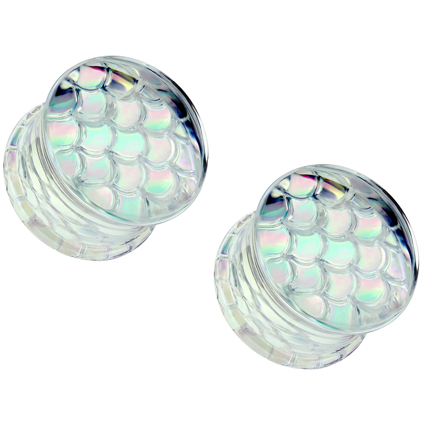 Pyrex Glass Iridescent Mermaid Scales Double Flared Plugs - Pair