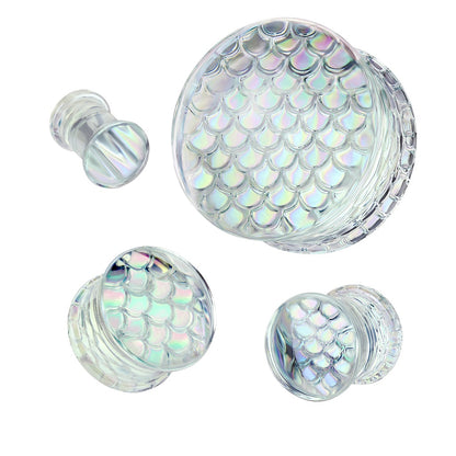 Pyrex Glass Iridescent Mermaid Scales Double Flared Plugs - Pair
