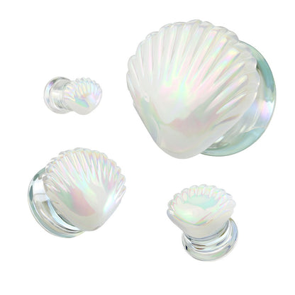 Iridescent White Shell Glass Double Flared Plugs - Pair