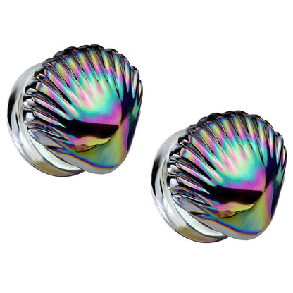 Iridescent Rainbow Shell Glass Double Flared Plugs - Pair