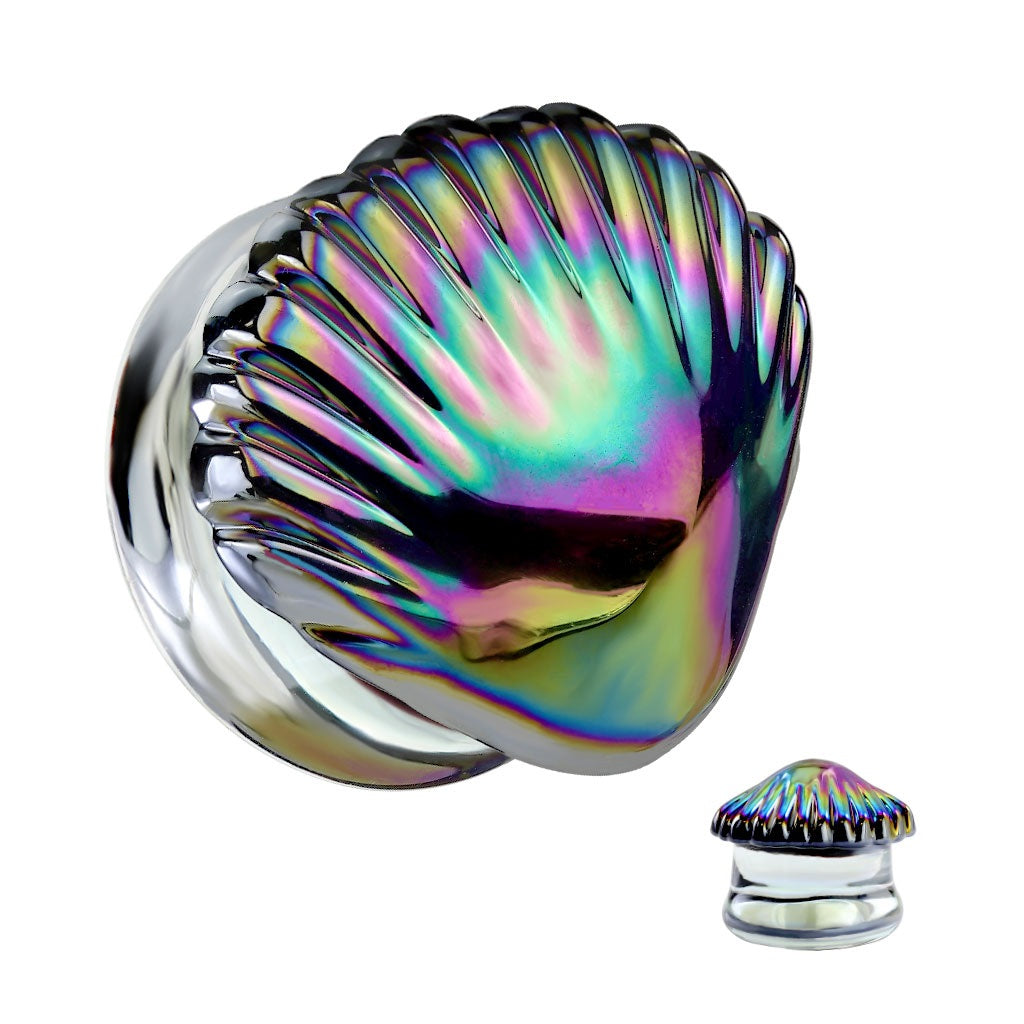 Iridescent Rainbow Shell Glass Double Flared Plugs - Pair