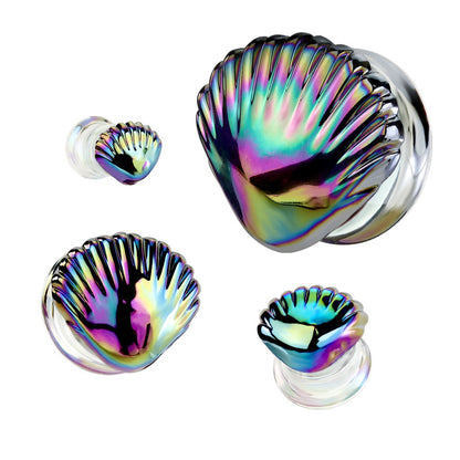 Iridescent Rainbow Shell Glass Double Flared Plugs - Pair