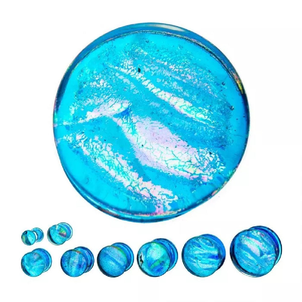 Aqua Blue Sparkling Swirl Glass Plugs - Pair