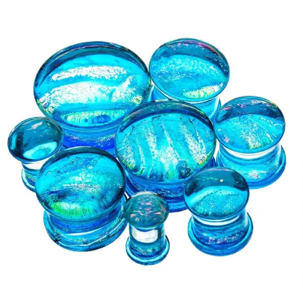 Aqua Blue Sparkling Swirl Glass Plugs - Pair