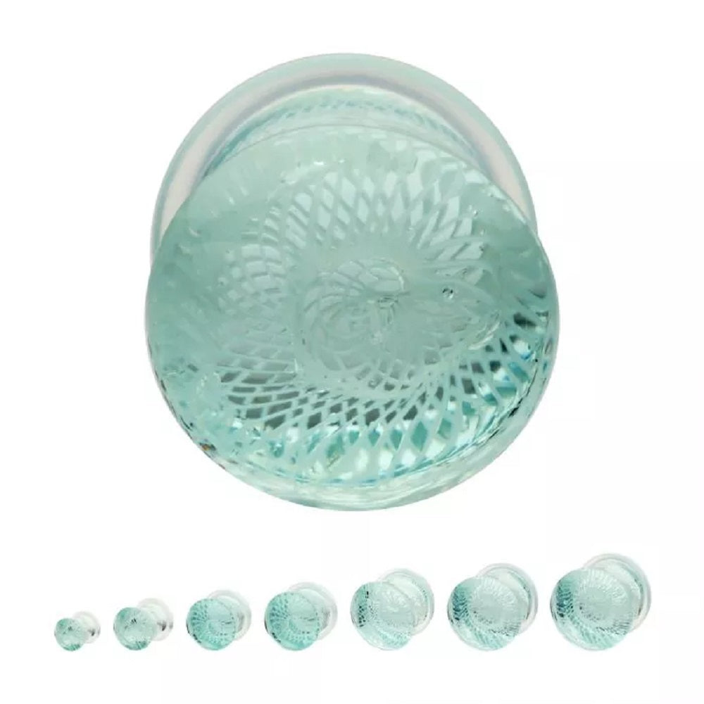 Aqua Woven Spiral Design Glass Single Flare Plugs - Pair