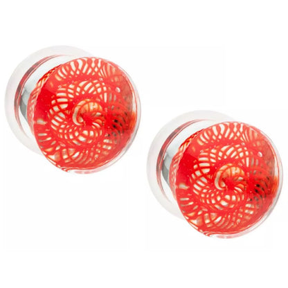 Red Woven Spiral Design Glass Single Flare Plugs - Pair