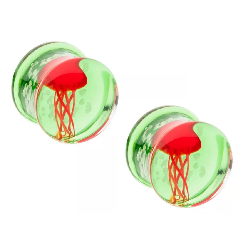 Green Glass with Red Floating Jellyfish Double Flared Plugs - Pair
