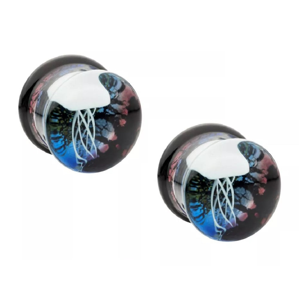 Glass White Floating Jellyfish Double Flared Plugs - Pair