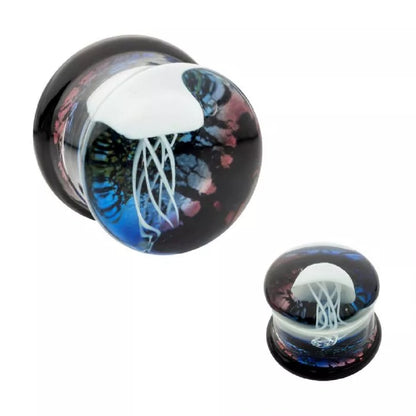 Glass White Floating Jellyfish Double Flared Plugs - Pair