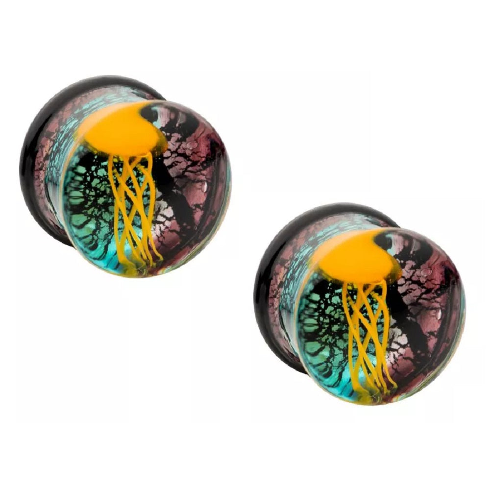 Glass Yellow Floating Jellyfish Double Flared Plugs - Pair