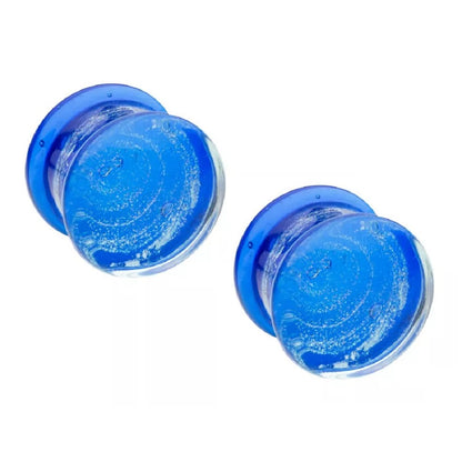 Cobalt Blue Galaxy Sparkle Swirl Design Glass Double Flared Plugs - Pair