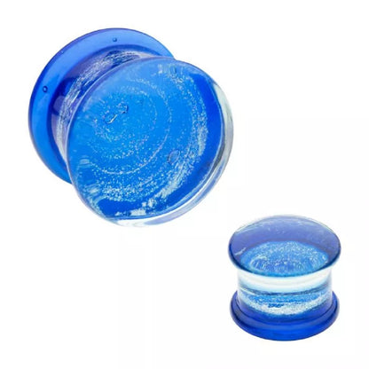 Cobalt Blue Galaxy Sparkle Swirl Design Glass Double Flared Plugs - Pair