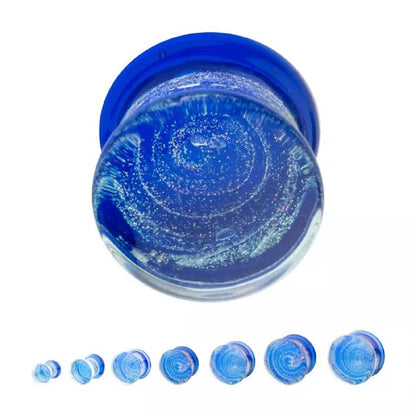 Cobalt Blue Galaxy Sparkle Swirl Design Glass Double Flared Plugs - Pair