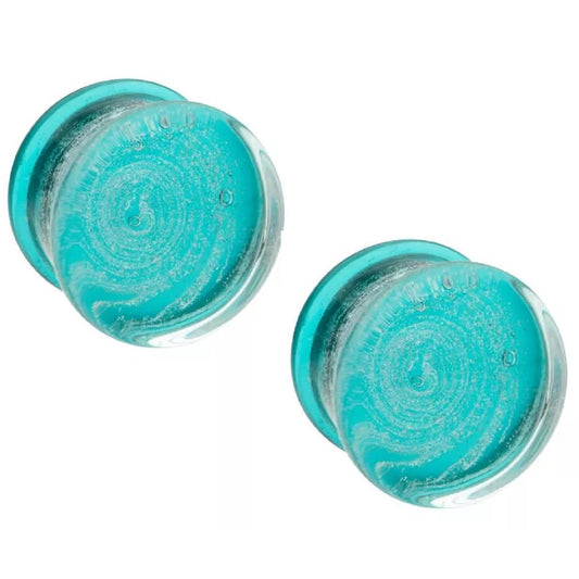 Aqua Galaxy Sparkle Swirl Design Glass Double Flared Plugs - Pair