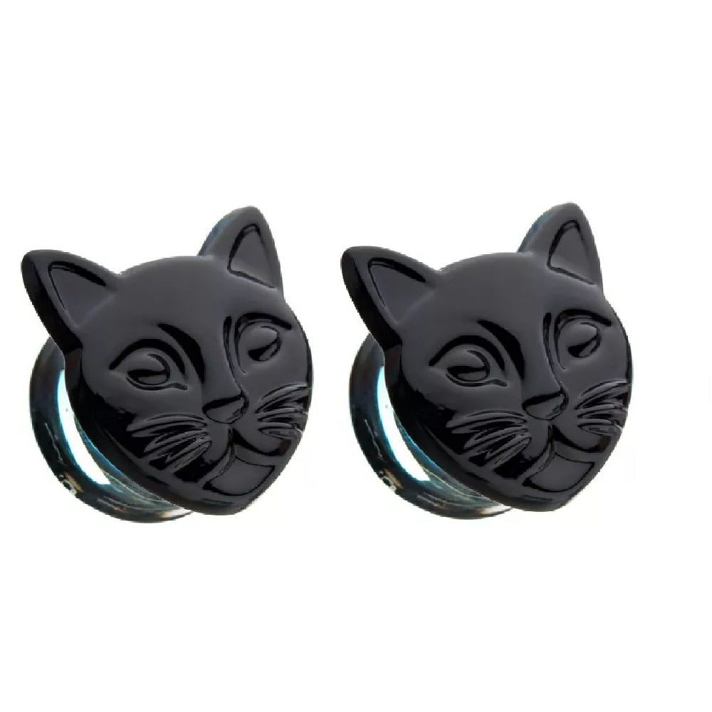 Black Cat Face Double Flared Glass Plugs
 - Pair