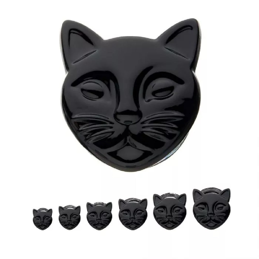 Black Cat Face Double Flared Glass Plugs
 - Pair