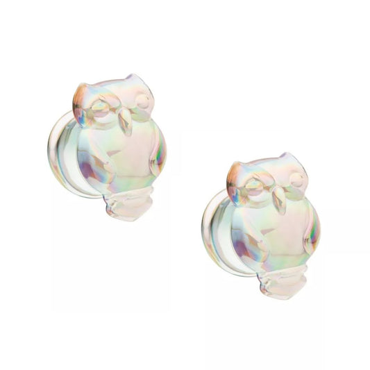 Aurora Borealis Owl Iridescent Glass Double Flared Plugs - Pair