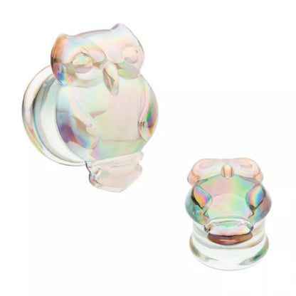 Aurora Borealis Owl Iridescent Glass Double Flared Plugs - Pair