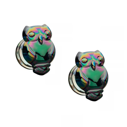 Rainbow Owl Glass Double Flared Plugs - Pair