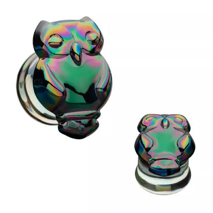 Rainbow Owl Glass Double Flared Plugs - Pair