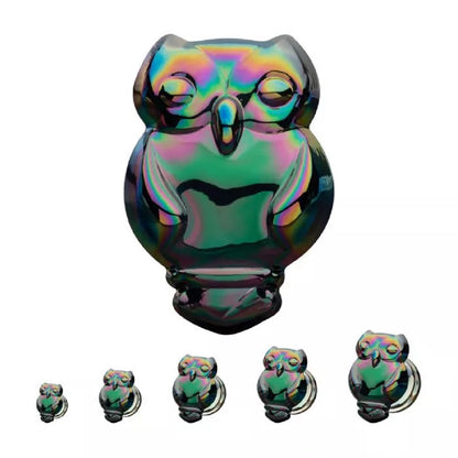 Rainbow Owl Glass Double Flared Plugs - Pair