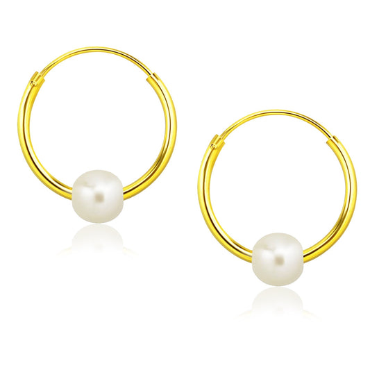 Simulated Pearl Hoop Earrings - Pair - 18k Gold Plated 925 Sterling Silver