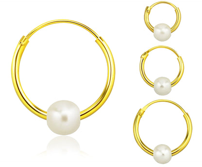 Simulated Pearl Hoop Earrings - Pair - 18k Gold Plated 925 Sterling Silver