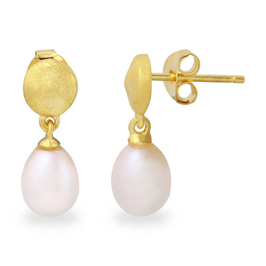 Matte Disc with Dangling Freshwater Pearl Earrings - Pair - Gold Plated 925 Sterling Silver