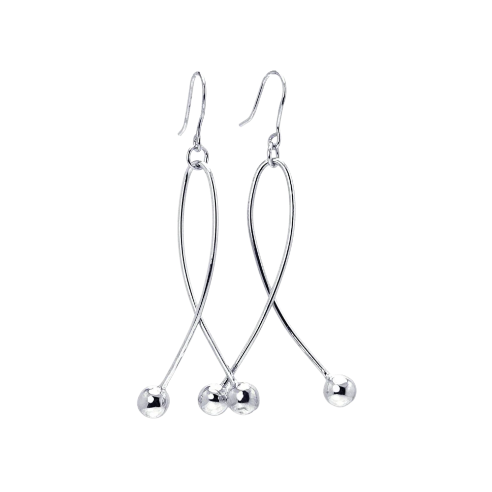 Twisted Ball End Dangling Earrings - Pair - Rhodium Plated 925 Sterling Silver