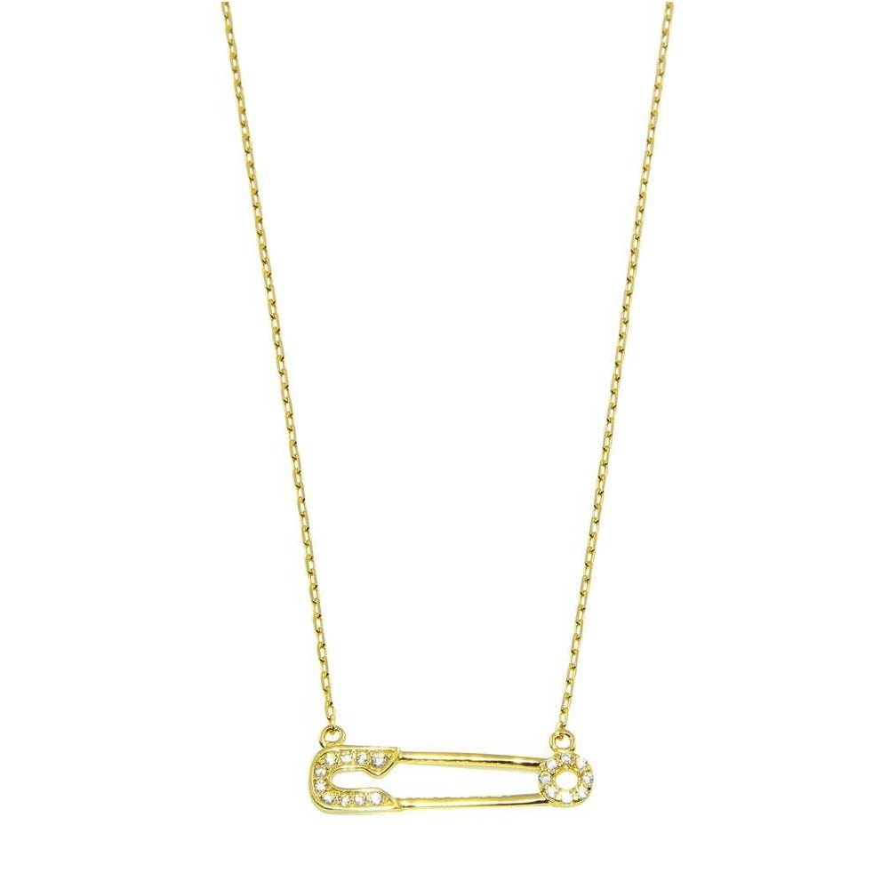 CZ Crystal Safety Pin Necklace - Gold Plated 925 Sterling Silver