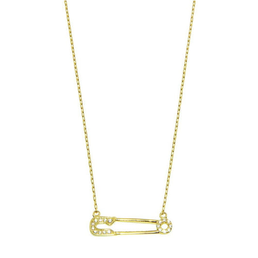 CZ Crystal Safety Pin Necklace - Gold Plated 925 Sterling Silver