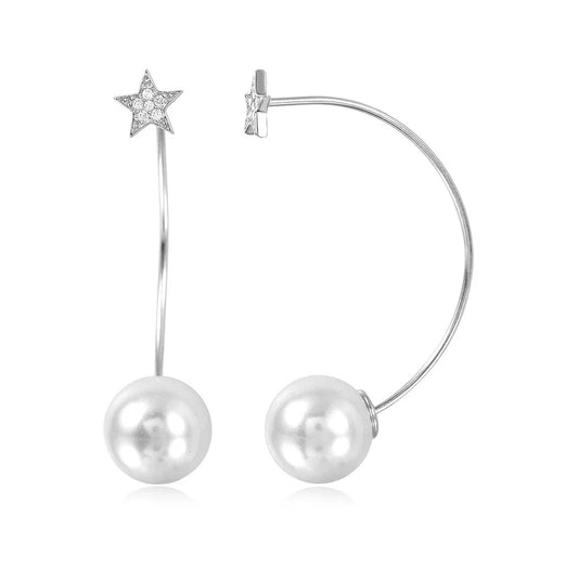 CZ Crystal Paved Star and and Simualted Pearl Earrings - Pair - Rhodium Plated 925 Sterling Silver