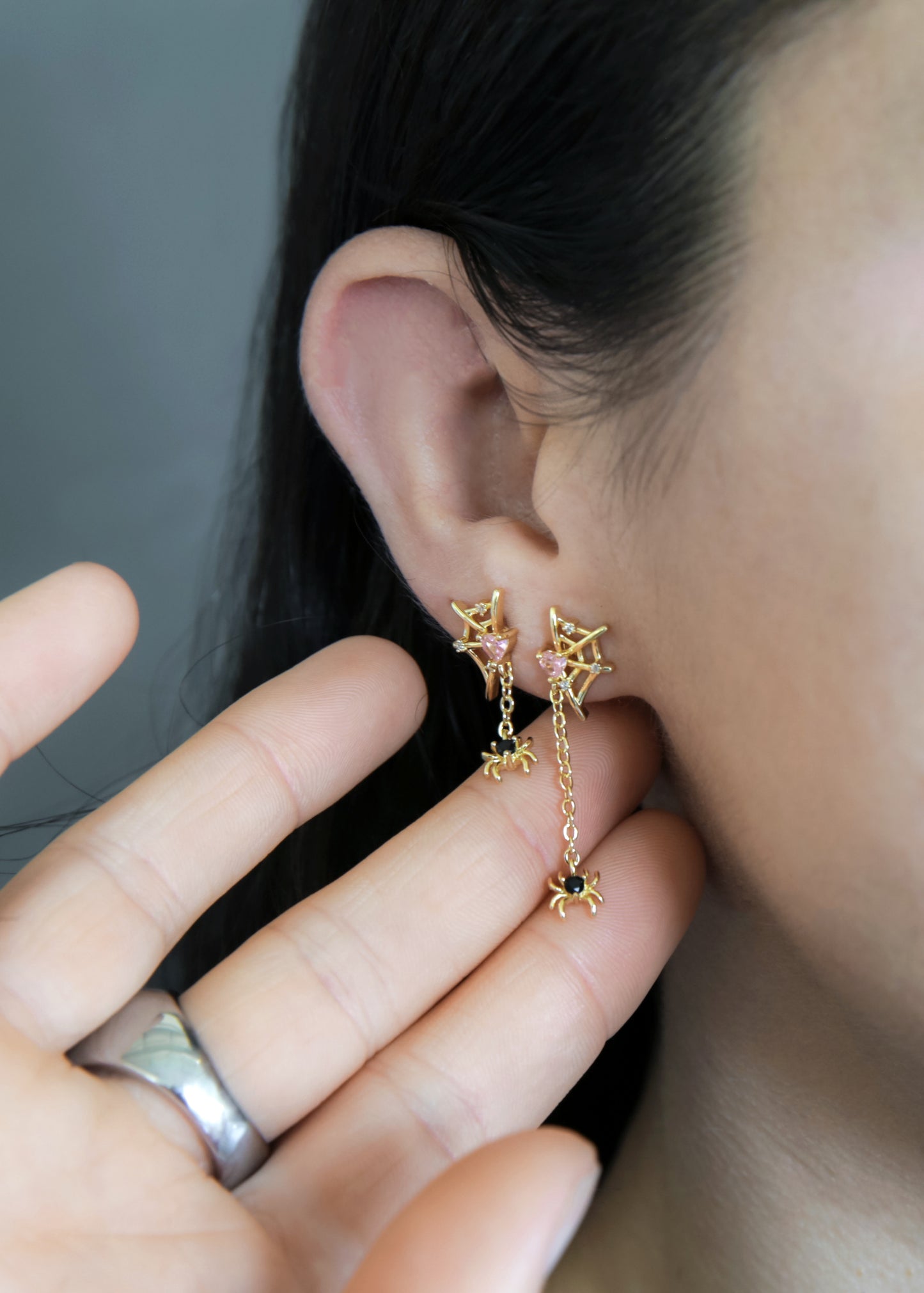 Web with Dangling Spider Stud Earrings - Pair