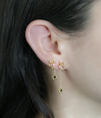 Web with Dangling Spider Stud Earrings - Pair