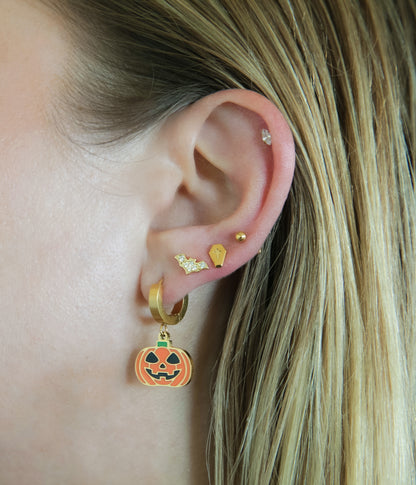 Dangling Pumpkin Huggie Hoop Earrings - Pair - Gold Plated Stainless Steel