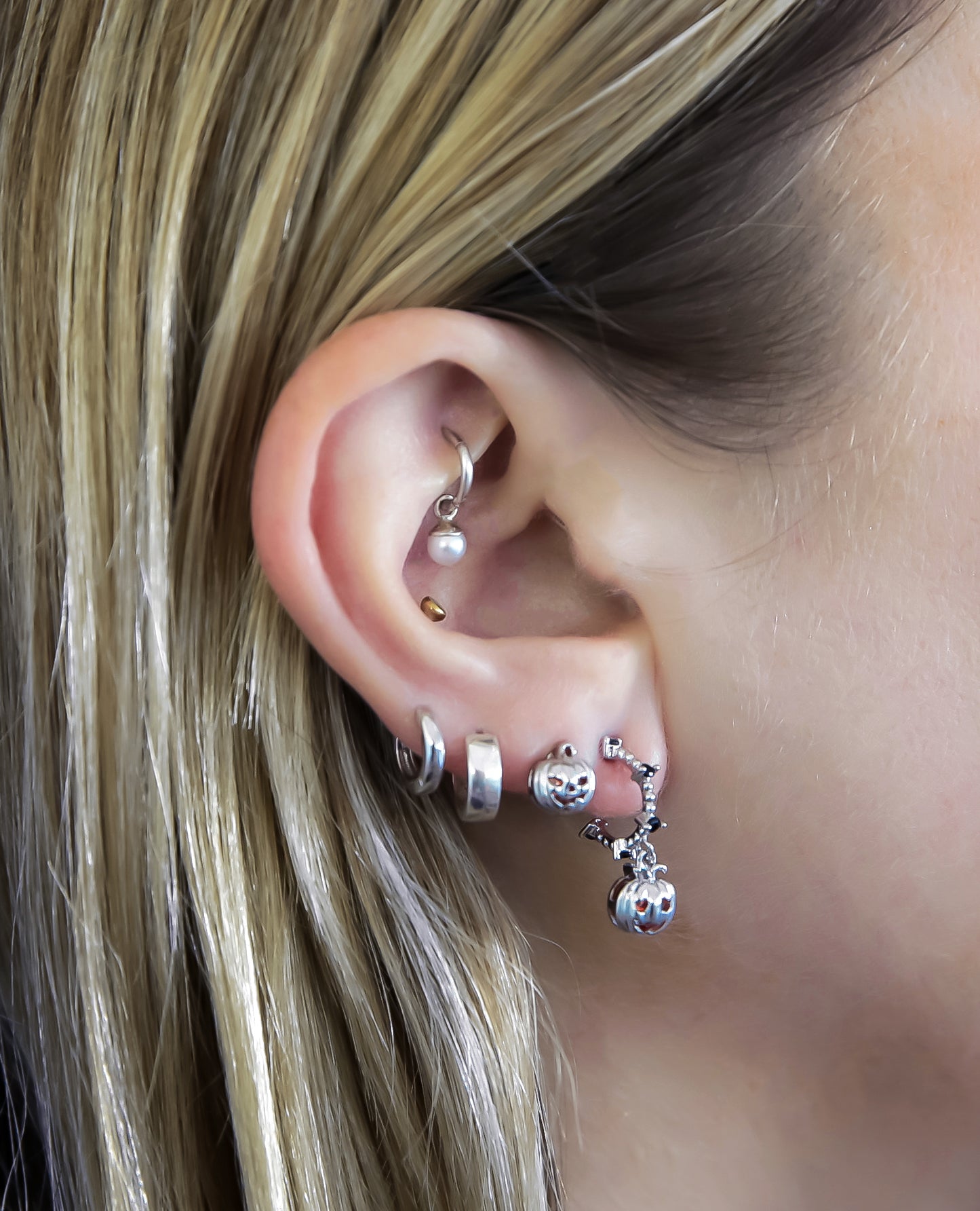 Black Crystal Lined Dangling Pumpkin Hoop Earrings - Pair