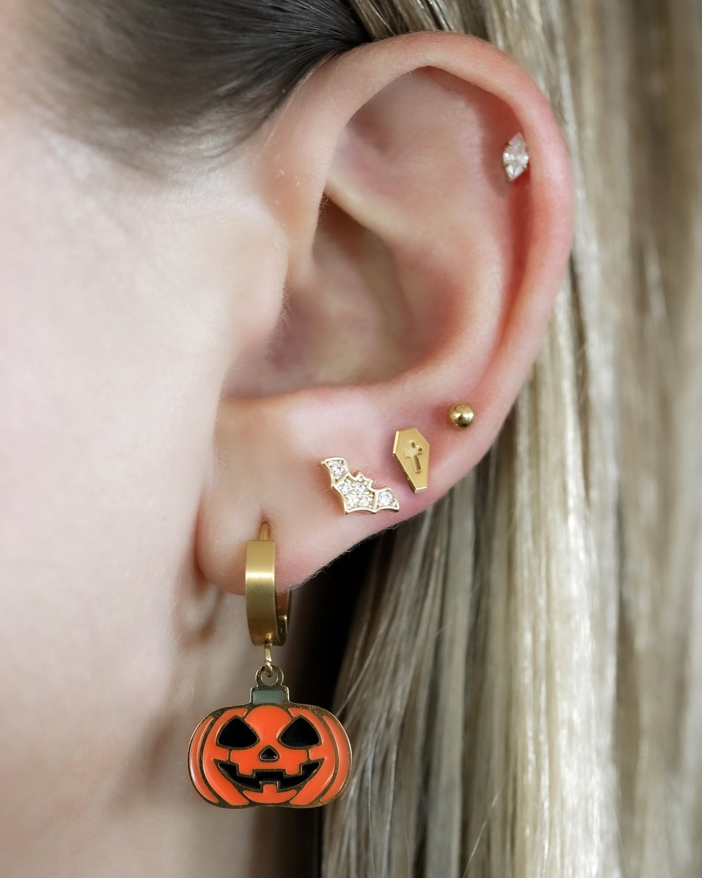 Dangling Pumpkin Huggie Hoop Earrings - Pair - Gold Plated Stainless Steel