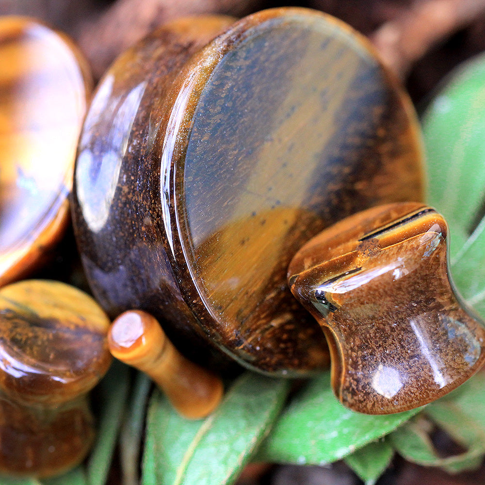 Natural Tiger's Eye Semi-Precious Stone Saddle Plugs
 - Pair