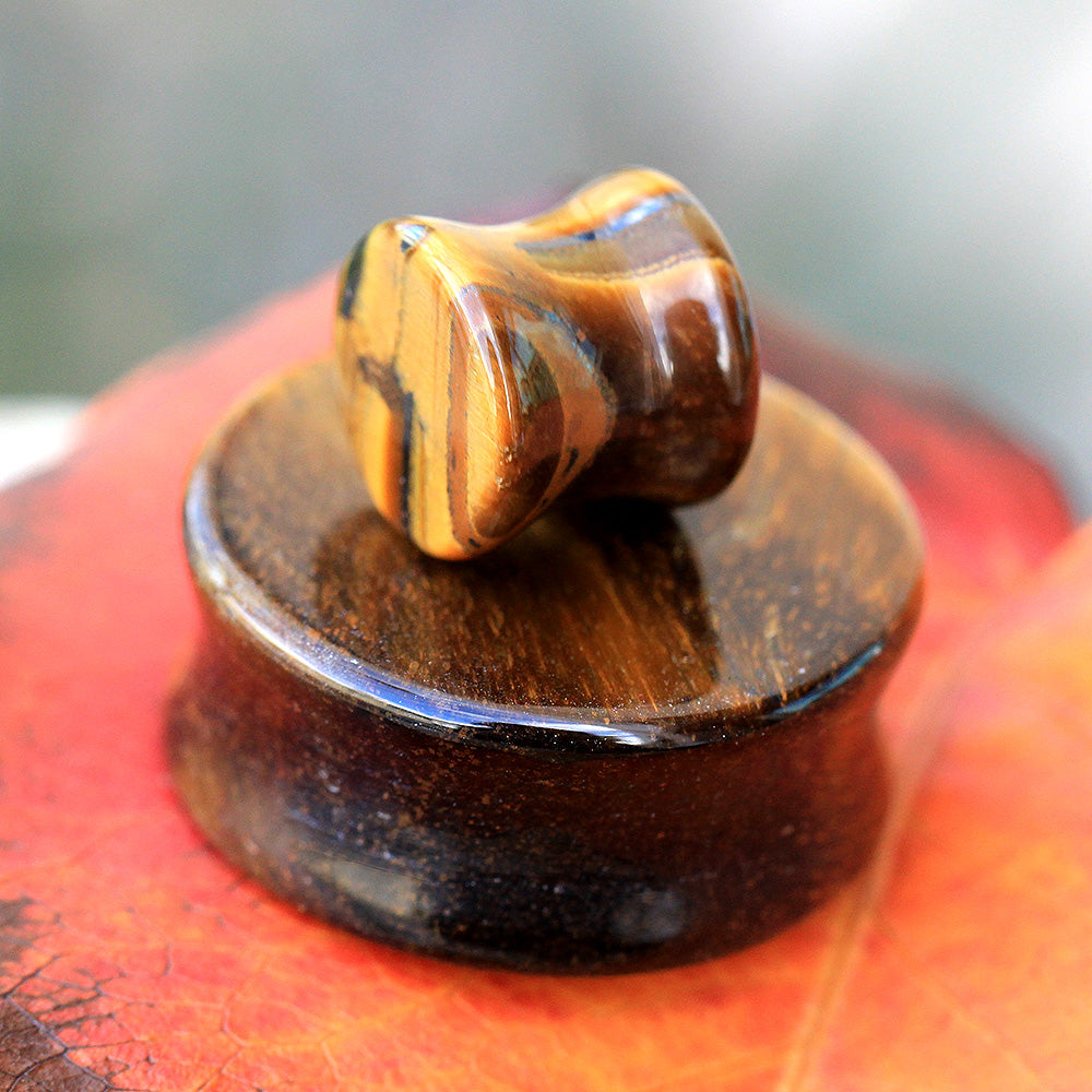 Natural Tiger's Eye Semi-Precious Stone Saddle Plugs
 - Pair