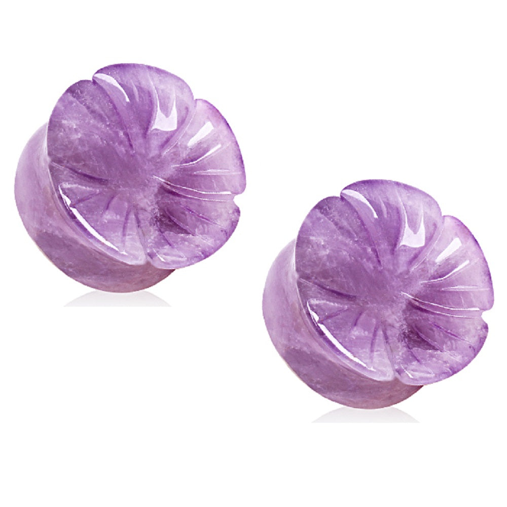 Natural Amethyst Stone Flower Double Flared Saddle Plug Gauges
 - Pair