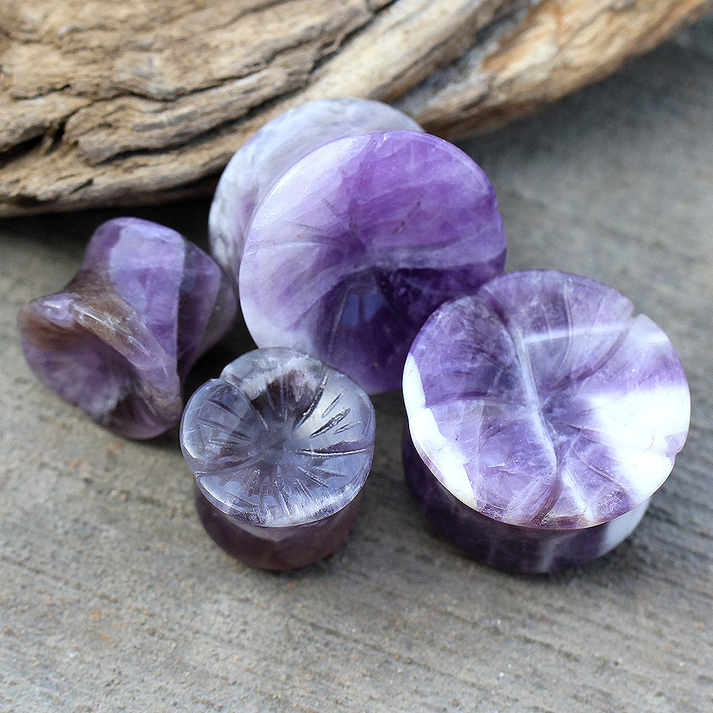 Natural Amethyst Stone Flower Double Flared Saddle Plug Gauges
 - Pair