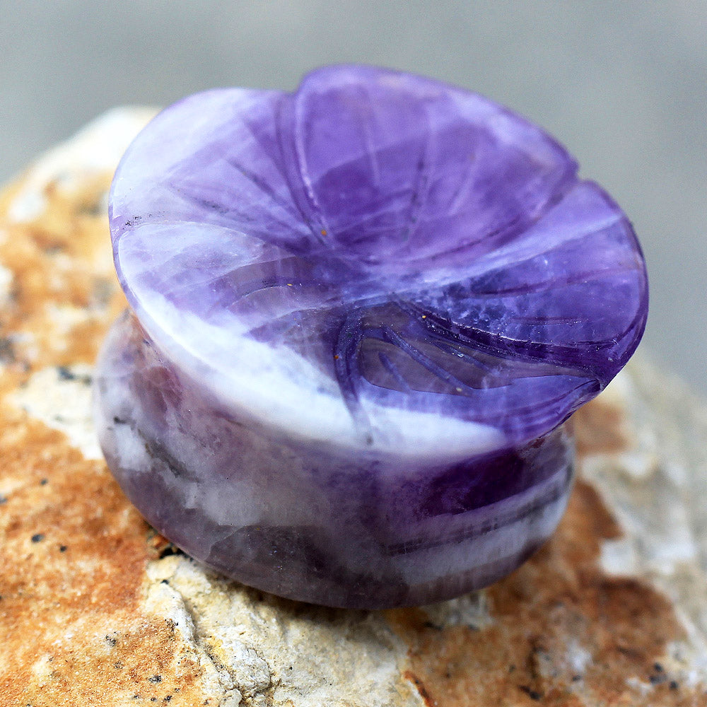 Natural Amethyst Stone Flower Double Flared Saddle Plug Gauges
 - Pair