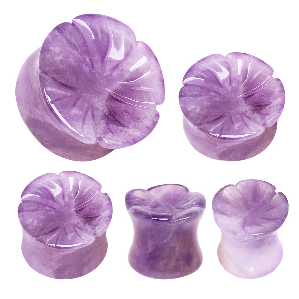 Natural Amethyst Stone Flower Double Flared Saddle Plug Gauges
 - Pair