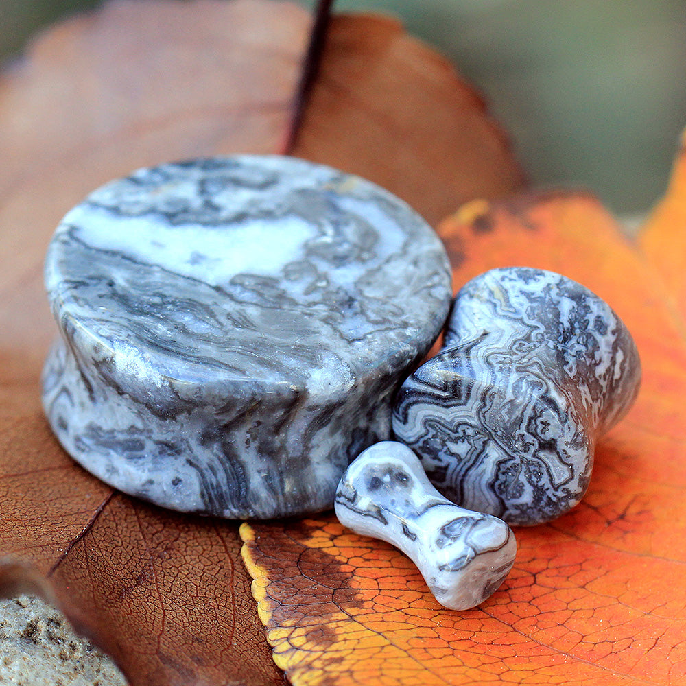 Grey Wave Jasper Natural Stone Saddle Plugs - Pair