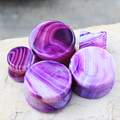 Natural Purple Striped Agate Stone Saddle Plugs
 - Pair