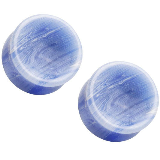 Blue Lace Agate Concave Stone Double Flared Saddle Plug Gauges
 - Pair