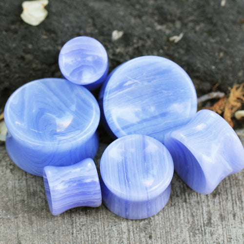 Blue Lace Agate Concave Stone Double Flared Saddle Plug Gauges
 - Pair